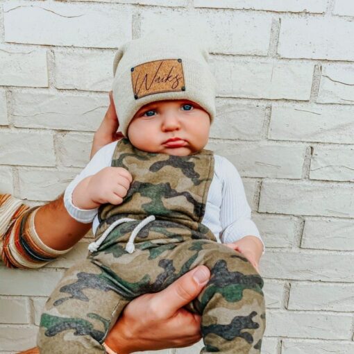 Personalized Baby Beanie Embroidered Name, Vegan Leather Patch, Slouchy Fit for All Ages
