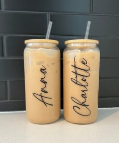 Personalized Iced Coffee Cup 20oz Glass Cup, Custom Beer Can Glass with Lid and Straw, Bridesmaid Gift, Bridesmaid Proposal