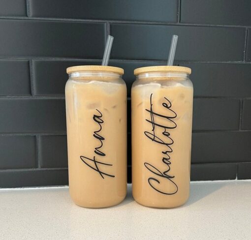 Personalized Iced Coffee Cup 20oz Glass Cup, Custom Beer Can Glass with Lid and Straw, Bridesmaid Gift, Bridesmaid Proposal