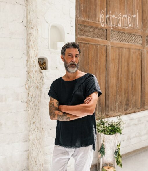Black Boho Shirt Raw Cotton Bohemian Men's Clothing, Asymmetrical Organic Top, Comfy Tunic T-Shirt, Gypsy Shirt for Men