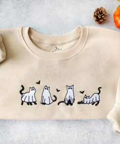 Embroidered Ghost Cats Sweatshirt Spooky Season's Purrfect Hoodie for Cat Lovers