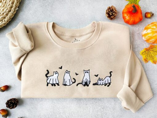 Embroidered Ghost Cats Sweatshirt Spooky Season's Purrfect Hoodie for Cat Lovers