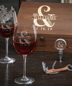 Personalized Wine Glass Set with Crystal Stopper Etched Elegance for Wine Enthusiasts