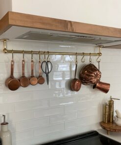 Antique Unlacquered Brass Pot Rail with S Hooks Vintage Handmade Gold Brass Pot Rack for Rustic Wall Mounting