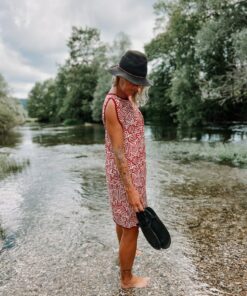 Vibrant Red and White Block Print Tunic Dress with Functional Pockets