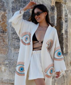 Organic Fringes Muslin Kimono Embrace Bohemian Chic with Our Evil Eye Cotton Robe
