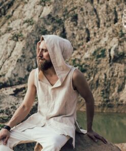 Raw Cotton Man Hooded Shirt Boho Big Hood Vest for Men's Bohemian Style