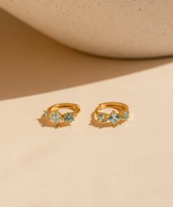 Aquamarine Huggie Hoops Shimmering Blue Diamonds in Golden Embrace