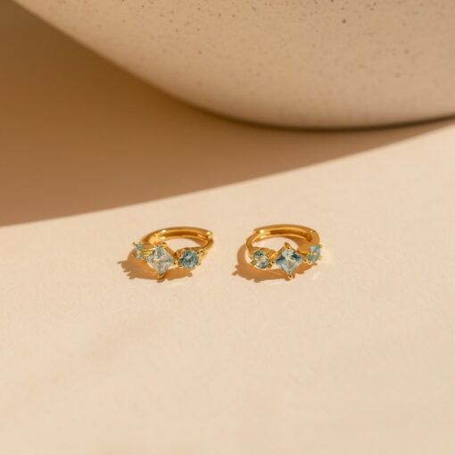 Aquamarine Huggie Hoops Shimmering Blue Diamonds in Golden Embrace