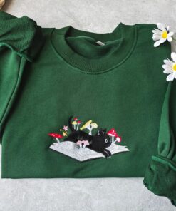 Cozy and Enchanting Embroidered Black Cat and Mushroom Sweatshirt for Cat Lovers