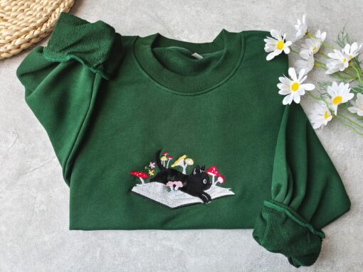 Cozy and Enchanting Embroidered Black Cat and Mushroom Sweatshirt for Cat Lovers
