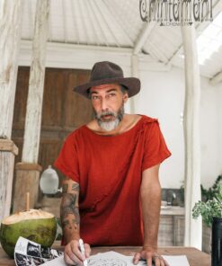 Boho T-Shirt Raw Cotton Men's Asymmetric Tribal Top, Organic Comfy Tunic Tee, Gypsy Hippie Shirt (Red Ochre)