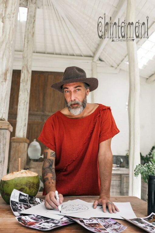 Boho T-Shirt Raw Cotton Men's Asymmetric Tribal Top, Organic Comfy Tunic Tee, Gypsy Hippie Shirt (Red Ochre)