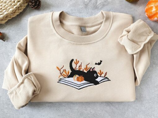 Bewitching Black Cat Embroidered Sweatshirt Spooky and Cozy for Fall