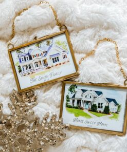 Watercolor House Portrait Ornament Capture Your Home's Charm in a Tiny Brass Frame