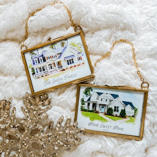 Watercolor House Portrait Ornament Capture Your Home's Charm in a Tiny Brass Frame