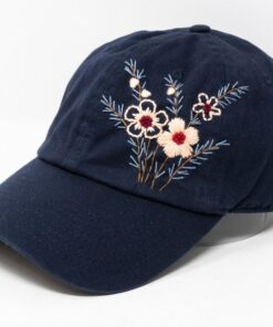 Navy Blue Baseball Cap with Embroidered Floral Brim - Stylish Accessory for Women
