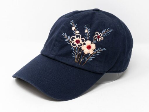 Navy Blue Baseball Cap with Embroidered Floral Brim - Stylish Accessory for Women