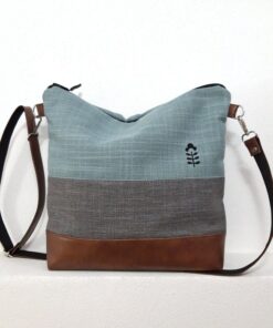 Turquoise Gray Crossbody Bag Handcrafted Vegan Canvas Purse with Brown Leather Accents