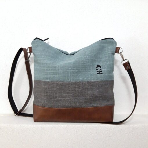 Turquoise Gray Crossbody Bag Handcrafted Vegan Canvas Purse with Brown Leather Accents