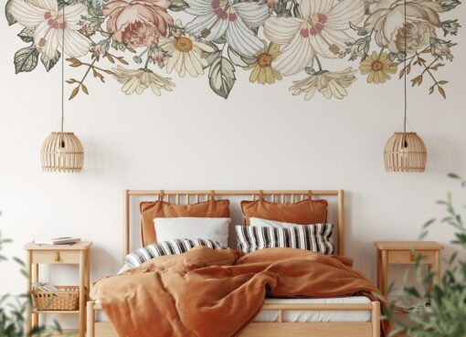 CAMILA Slim Wall Decal Border Vintage Floral Nursery with Removable Roses, Hibiscus, and Peonies