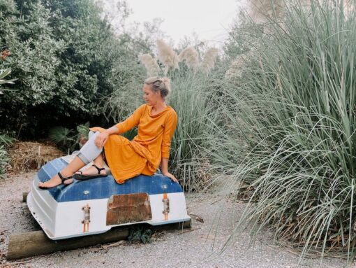 Golden Glow Sustainable 3/4 Sleeve Dress for All Seasons