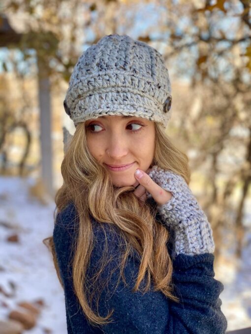 Cozy and Chic Crocheted Newsboy Hat for Women with Buttons and Brim