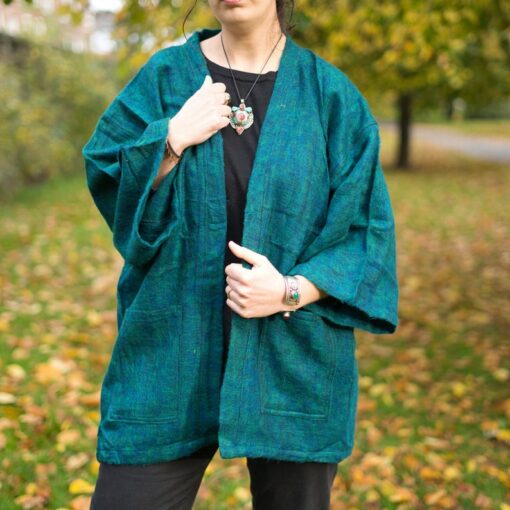 Pristine Pine Green Yak Wool Kimono Embrace Warmth and Style in a Cozy Winter Haori