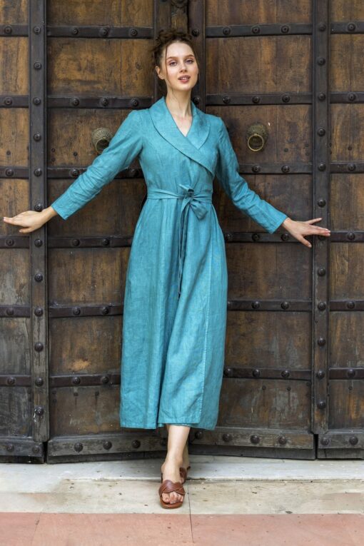 Elegant Linen Wrap Dress Versatile Maxi with Pockets, Plus and Petite Sizes