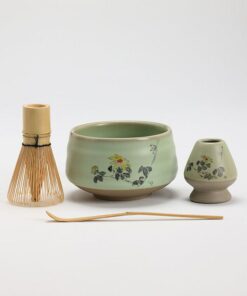 Exquisite Hand-Painted Flower Ceramic Chawan with Bamboo Whisk and Chasen Holder A Tea Ceremony Masterpiece