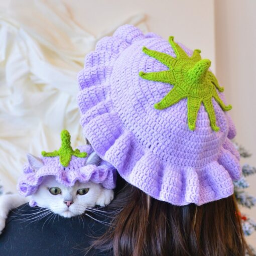 Enchanting Eggplant Elegance Matching Crochet Hat Set for You and Your Furry Friend