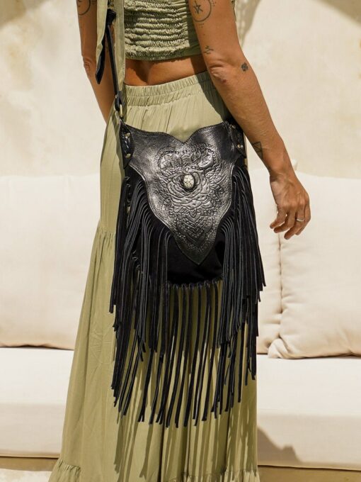 Exquisite Black Bohemian Leather Purse Intricate Carvings, Fringe Accents, and Crossbody Convenience