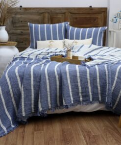 Cozy Haven Muslin Cotton Striped Blanket, Linen Bedding Set for Boho Chic Living