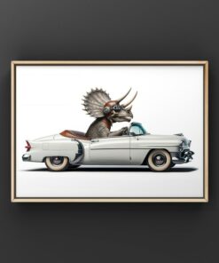 Tri-Ceratops Cruising in Style Vintage Cadillac Art Print for Dino Aficionados