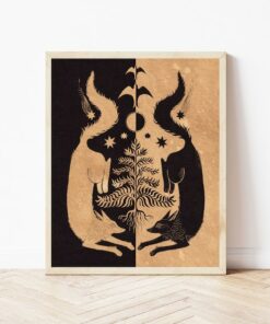 Twin Wolves and Tree Moon Phase Folk Art Print A Cottagecore Nature Lover's Botanical Witchy Illustration