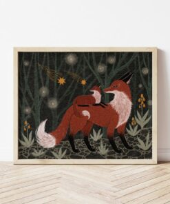 Celestial Solace Fox Mama and Baby's Cosmic Embrace in Nature's Embrace