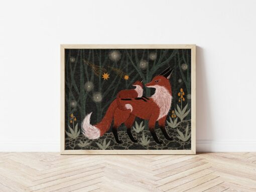 Celestial Solace Fox Mama and Baby's Cosmic Embrace in Nature's Embrace