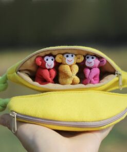 Adorable Trio of Monkeys in a Banana Zip Purse Handmade Organic Plush Toys for Home Decor or Children's Gifts