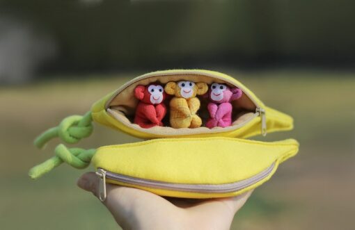 Adorable Trio of Monkeys in a Banana Zip Purse Handmade Organic Plush Toys for Home Decor or Children's Gifts