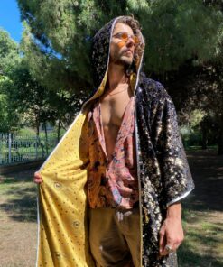 Shimmering Starry Night Velvet Rave Kimono with Sequin Hood for Burning Man and Festivals