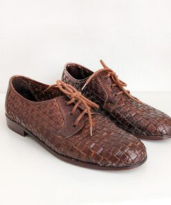 Vintage Woven Derby Shoes Italian Brown Leather Oxford Lace-Ups for Men (Size 8)