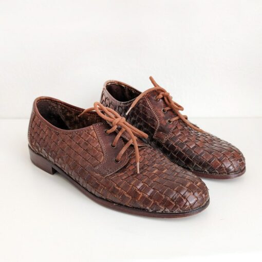 Vintage Woven Derby Shoes Italian Brown Leather Oxford Lace-Ups for Men (Size 8)