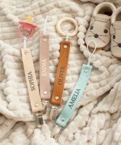 Personalized Pacifier Clip Custom Name, Leather Holder, Baby Dummy Chain