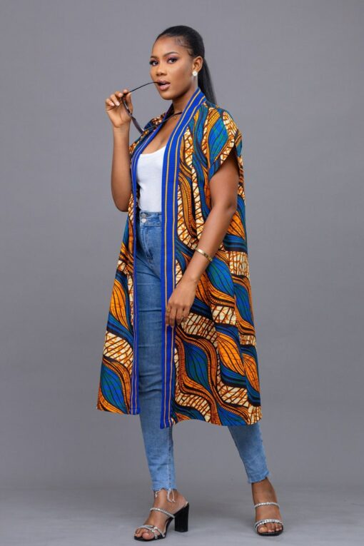 Vibrant Ankara Kimono Embrace African Elegance in Orange and Blue