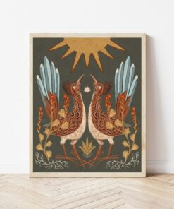 Celestial Desert Tapestry Twin Roadrunners, Sun, and Globemallow Folk Art Print