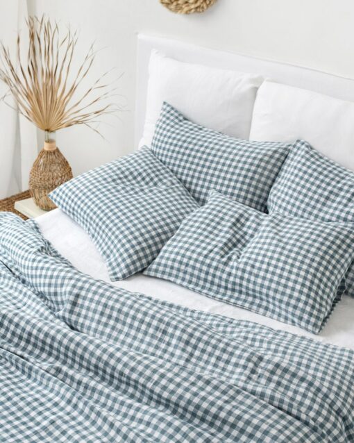 Cozy Linen Pillowcase Elevate Your Farmhouse Bedding with Gray Blue Gingham