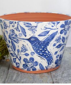 Terra Cotta Hummingbird Haven Handmade Planter with Blue and White Charm