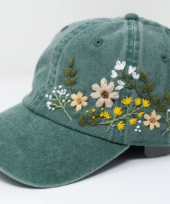 Hand Embroidered Floral Baseball Cap Botanical Garden Blooms on 100% Cotton