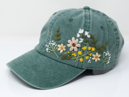 Hand Embroidered Floral Baseball Cap Botanical Garden Blooms on 100% Cotton