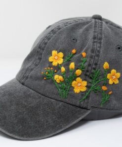 Handcrafted Yellow Daisy Floral Baseball Cap 100% Cotton Blossom Hat